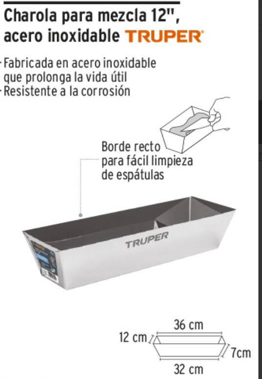 Charola de 12' de acero inoxidable para mezcla, Truper char-12
