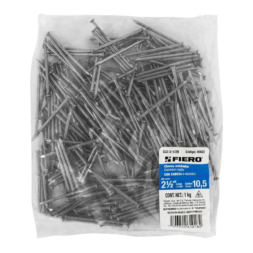 45022 Bolsa 1/4  kg de clavo estándar 2-1/2' con cabeza, Fiero CLE-2-1/2B