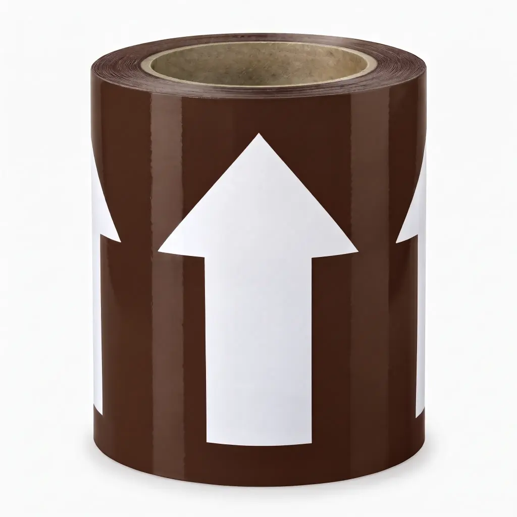 Cinta de flecha, blanco/café, vinilo,4" x 22 yardas