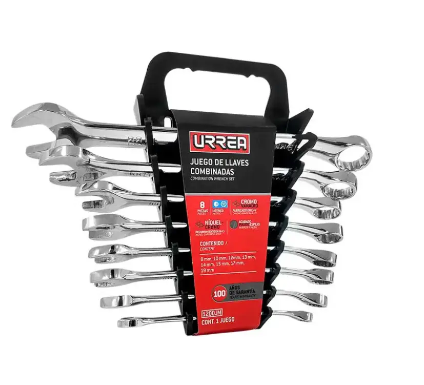 1200JM Juego de 8 llaves combinadas pulido espejo métricas, 12 puntas en rack Urrea