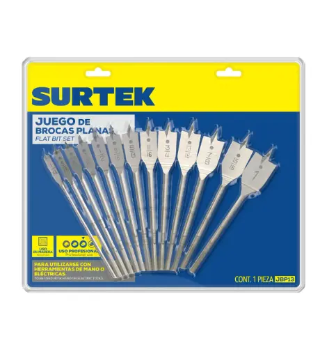 JBP13 Juego  de 13 brocas para madera tipo manita plana zanco hexagonal Surtek