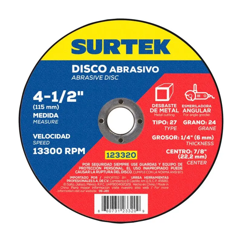 Disco de desbaste  tipo 27 para metal 4-1/2" x 1/4" Surtek