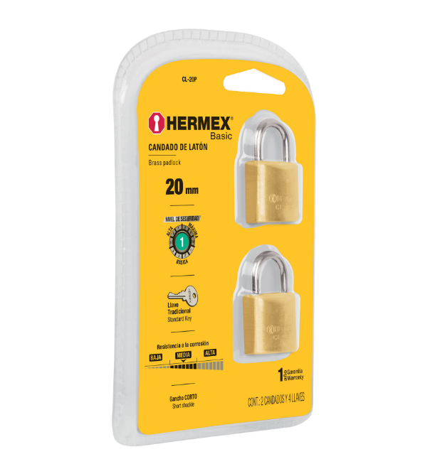 Blíster con 2 candados de latón de 20mm, Hermex Basic cl-20p