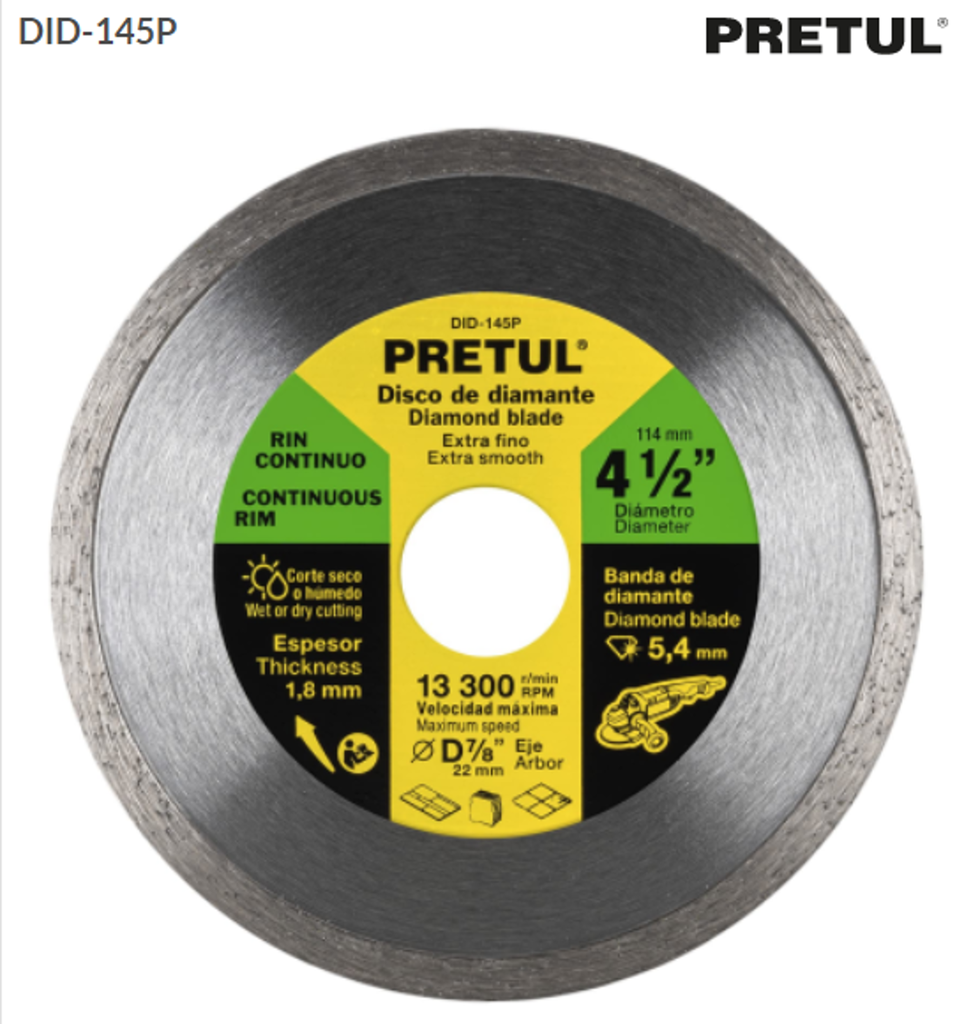 21009 Disco de diamante de 4-1/2' x 1.8 mm rin continuo, Pretul DID-145P