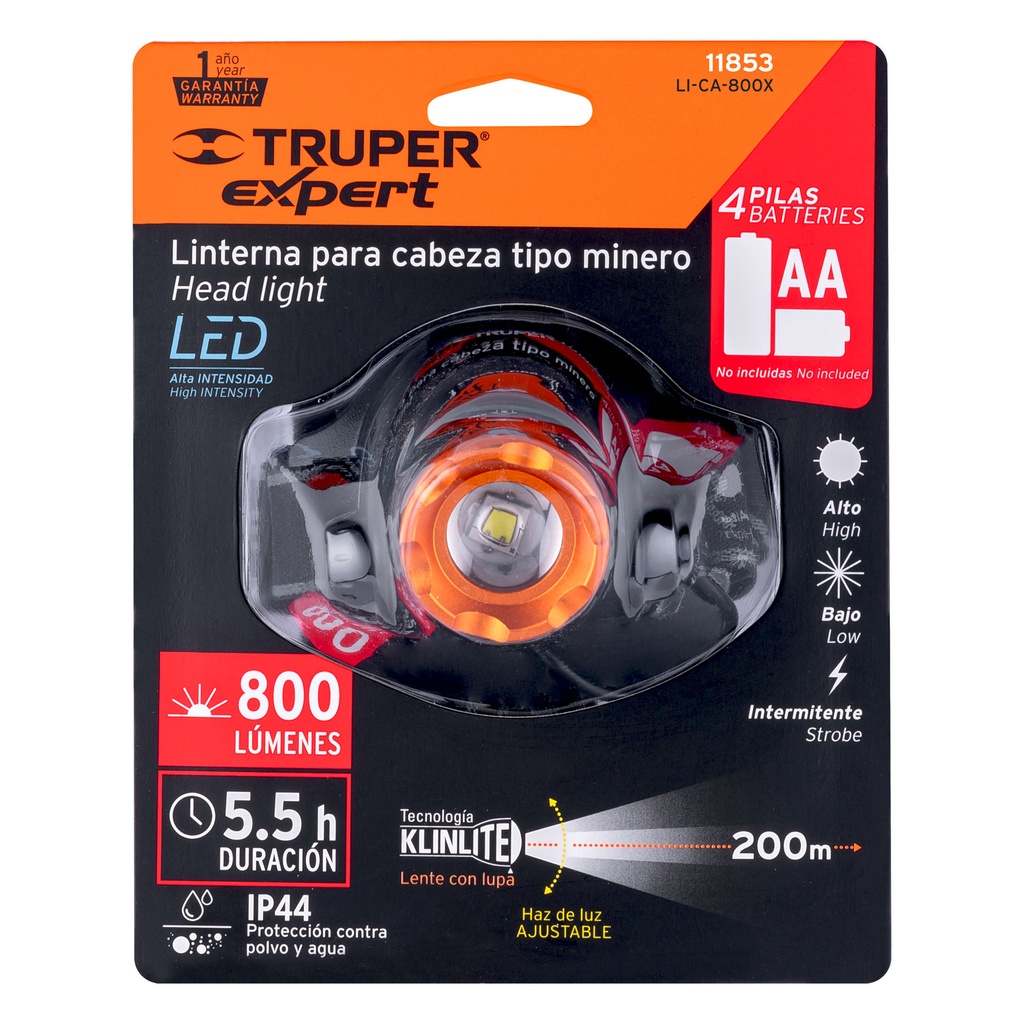 11853 Linterna de minero 1 LED 800 lm de 4 pilas AA, Truper Expert LI-CA-800X