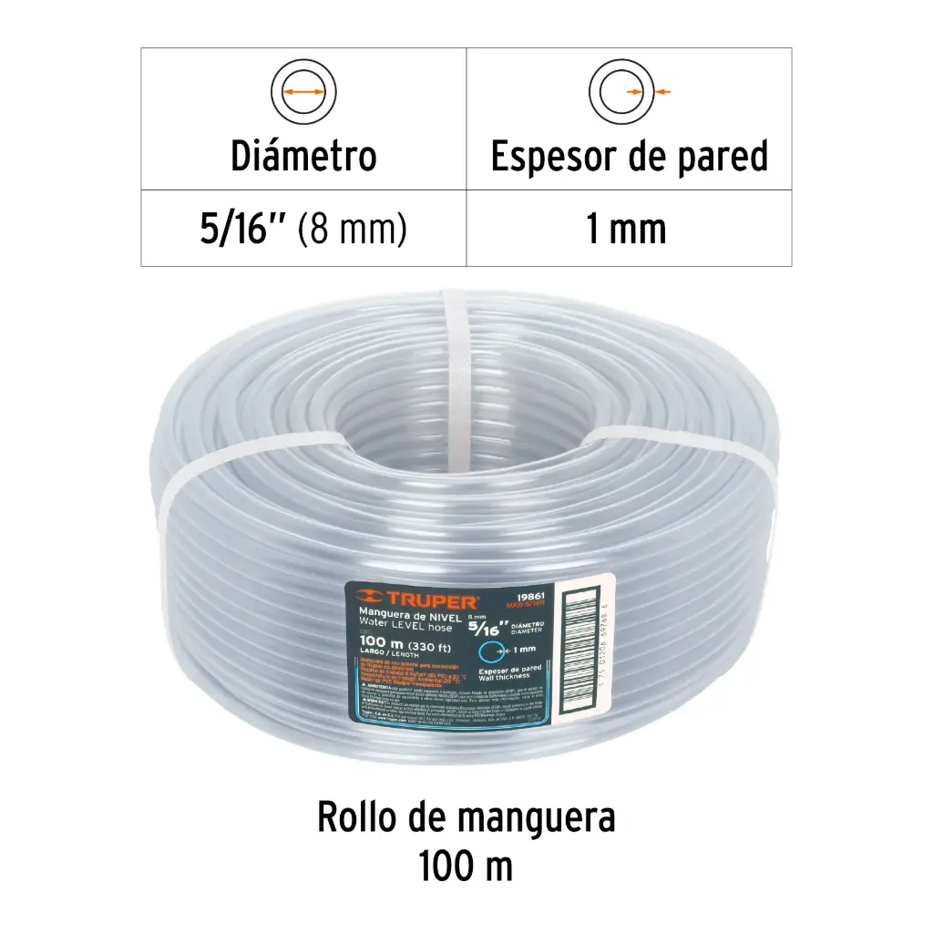 Metro de manguera 5/16' de nivel en rollo de 100 m, Truper man-5/16n