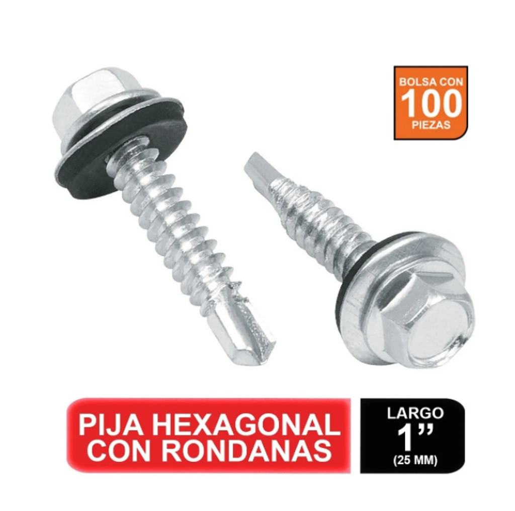 Bolsa con 100 pijas 1' cabeza tornillo hexagonal, punta broca con rondana pibr-1r