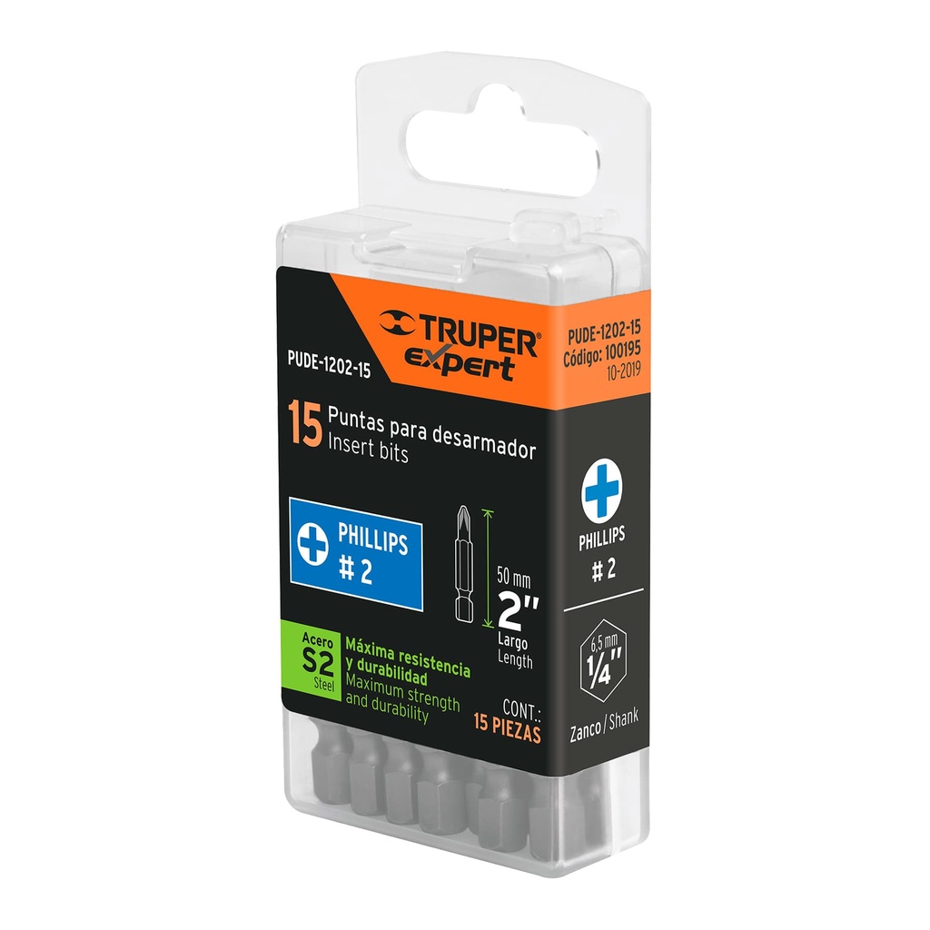 100195 Estuche con 15 puntas de cruz PH2 largo 2", Truper Expert PUDE-1202-15