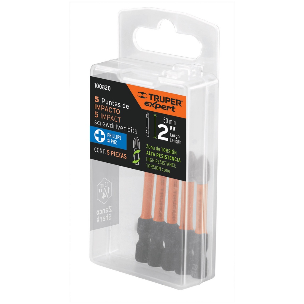 100820 Estuche con 5 puntas de cruz PH2 de impacto largo 2', Expert PUDE-1202I