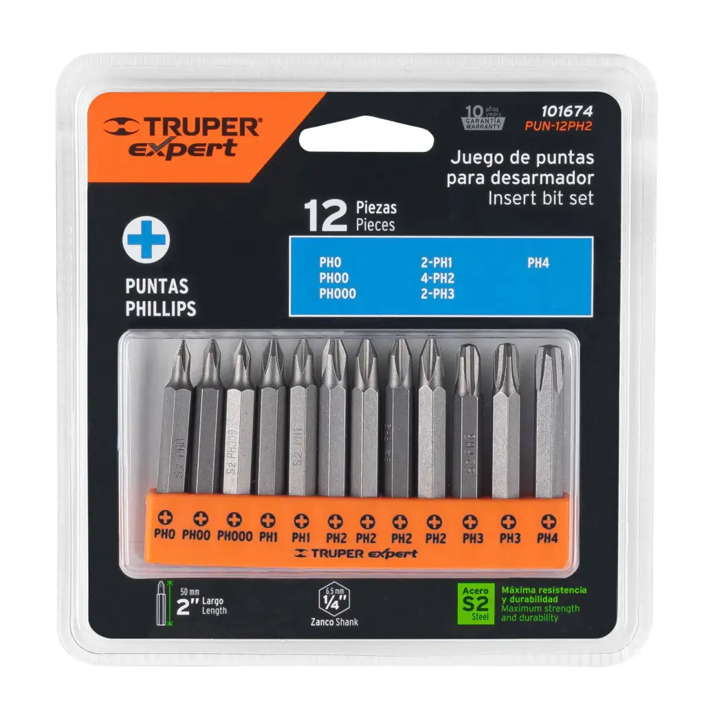 101674 Juego de 12 puntas de cruz combinadas largo 2', Expert PUN-12PH2