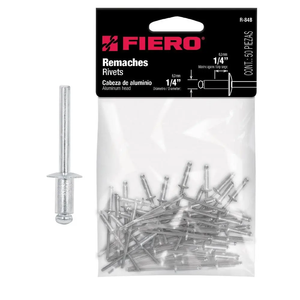 44532 Bolsa con 50 remaches de 1/4' x 1/4' de aluminio, ala 1/2' R-84B
