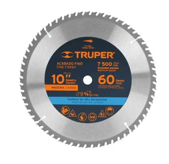 Disco sierra 10' para madera, 60 dientes centro 5/8', Truper st-1060