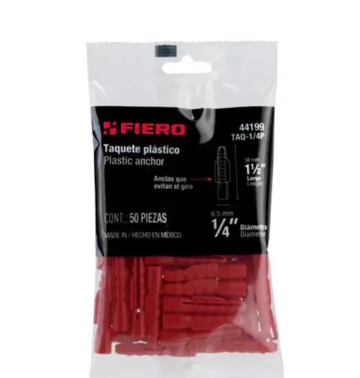 Bolsa con 50 taquetes de plástico 1/4', Fiero taq-1/4p