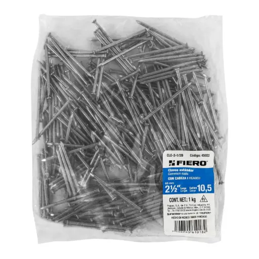 [45022- 1/2] Bolsa 1/2   kg de clavo estándar 2-1/2' con cabeza, Fiero cle-2-1/2b