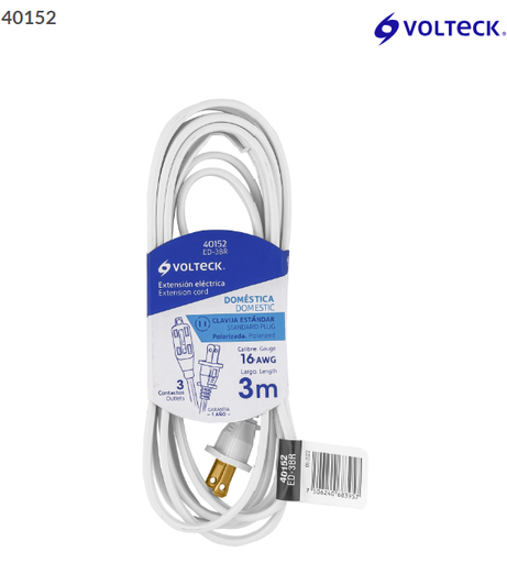 [40152] Extensión eléctrica doméstica 3 m blanca con clavija recta