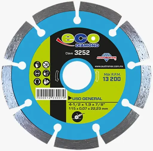 [190-3252] 3252 DISCO DIAMANTE SEGMENTADO 4-1/2"X7/8" USO GENERAL ECO