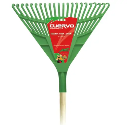 [18207] 18207 ESCOBA DE PLASTICO PARA JARDIN VERDE DE 27 DIENTES CUERVO