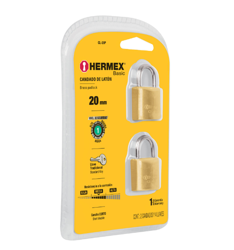 [23513] 23513 Blíster con 2 candados de latón de 20mm, Hermex Basic CL-20P