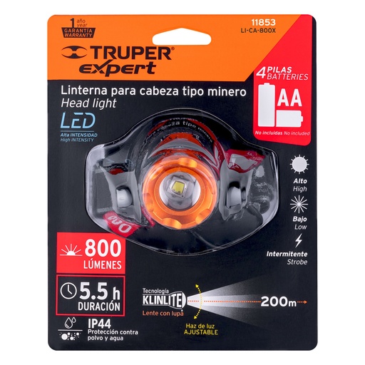[11853] Linterna de minero 1 LED 800 lm de 4 pilas aa, Truper Expert li-ca-800x