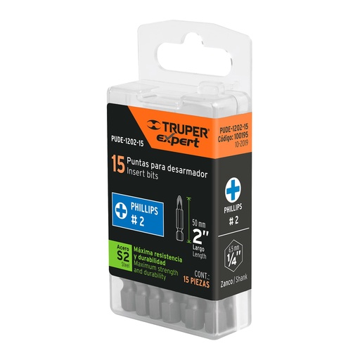 [100195] 100195 Estuche con 15 puntas de cruz PH2 largo 2", Truper Expert PUDE-1202-15