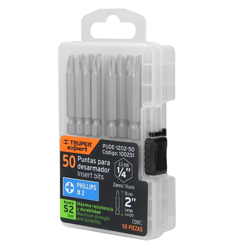 [100251] Estuche con 50 puntas de cruz ph2 largo 2', Truper Expert pude-1202-50
